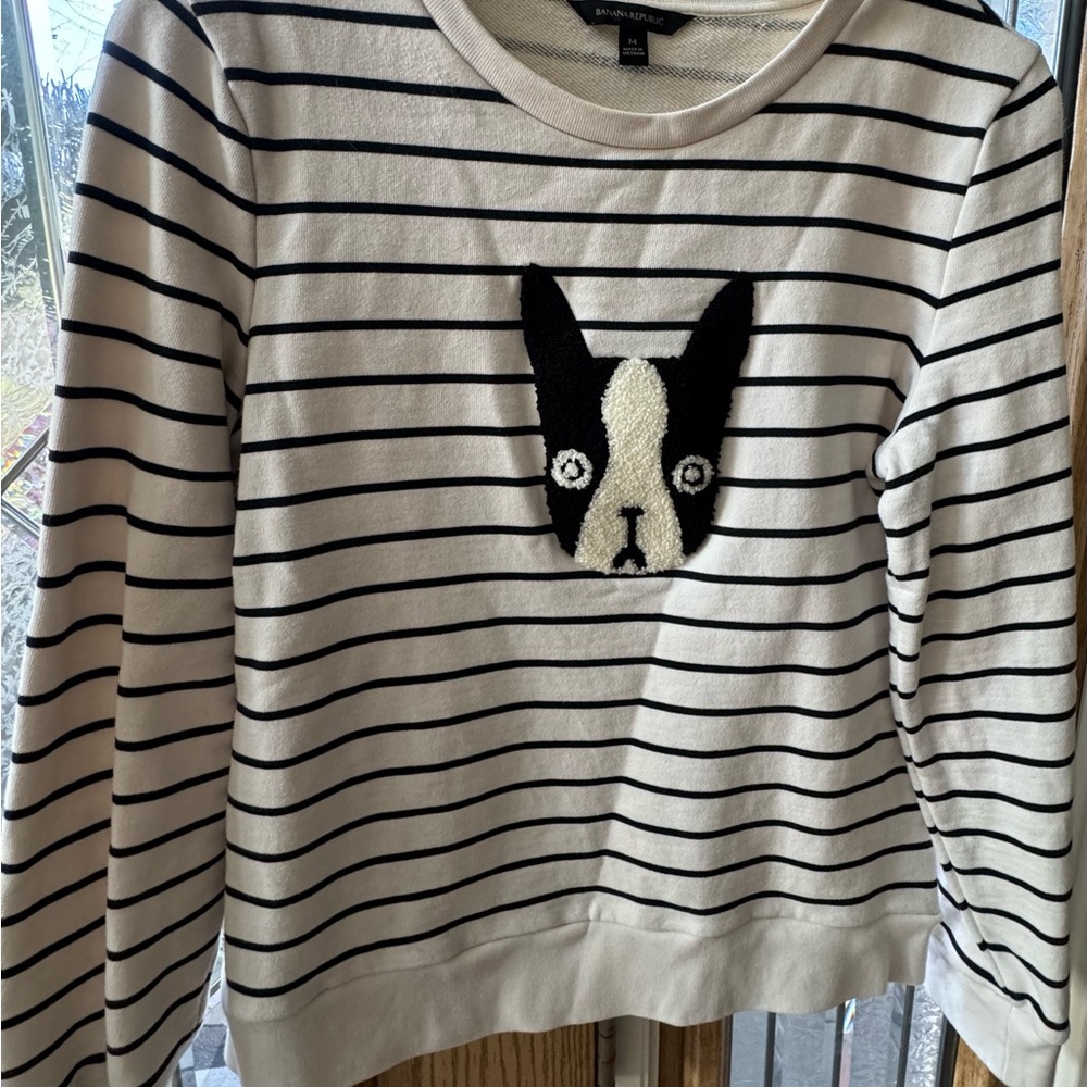 Banana Republic Womens Size M Striped Frenchie Dog Sweatshirt in White/Black